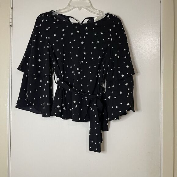 J.O.A Tie Waist tiered Star Print black blouse top size XS - Picture 3 of 7